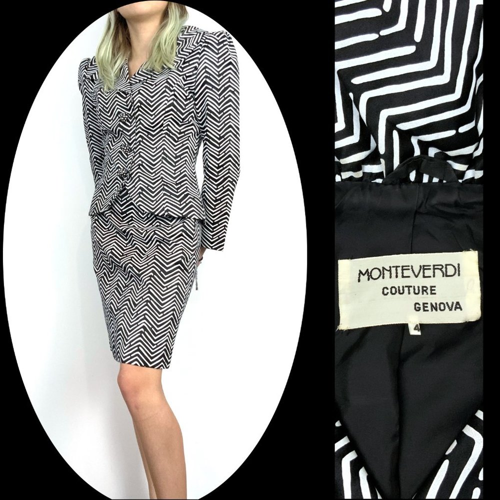 Vintage Monteverdi Couture Genova Luxury Silk Black & White Shevron Suit Sz 4 -2 - Picture 3 of 16
